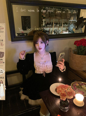 安妮不火烫闪港平绒蕾丝边撞色生日裙女微胖大码假两件收腰舞会裙