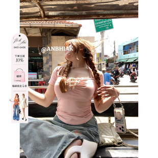 收短款 小上衣 45莱赛尔亚克力串珠高弹针织T恤女微胖大码 安妮不火