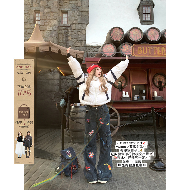 安妮不火 美式图章印花多口袋直筒牛仔裤女微胖大码痞酷牛仔裤子