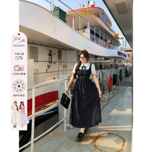 安妮不火航海手札英伦学院风撞色连衣裙女微胖大码 收腰假两件裙子