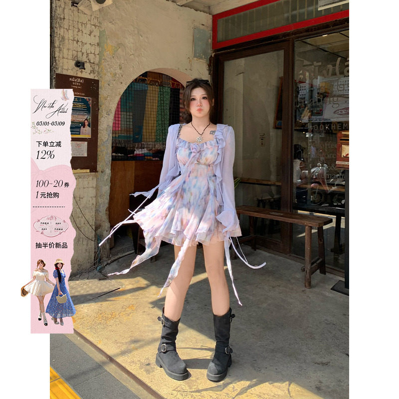 安妮不火 氛围感油画碎花雪纺裙女2025春夏新款微胖大码吊带裙子