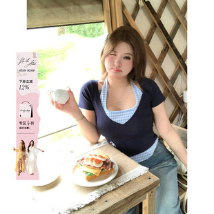 安妮不火 高甜汽泡雨撞色格纹挂脖针织T女微胖大码收腰短袖小上衣