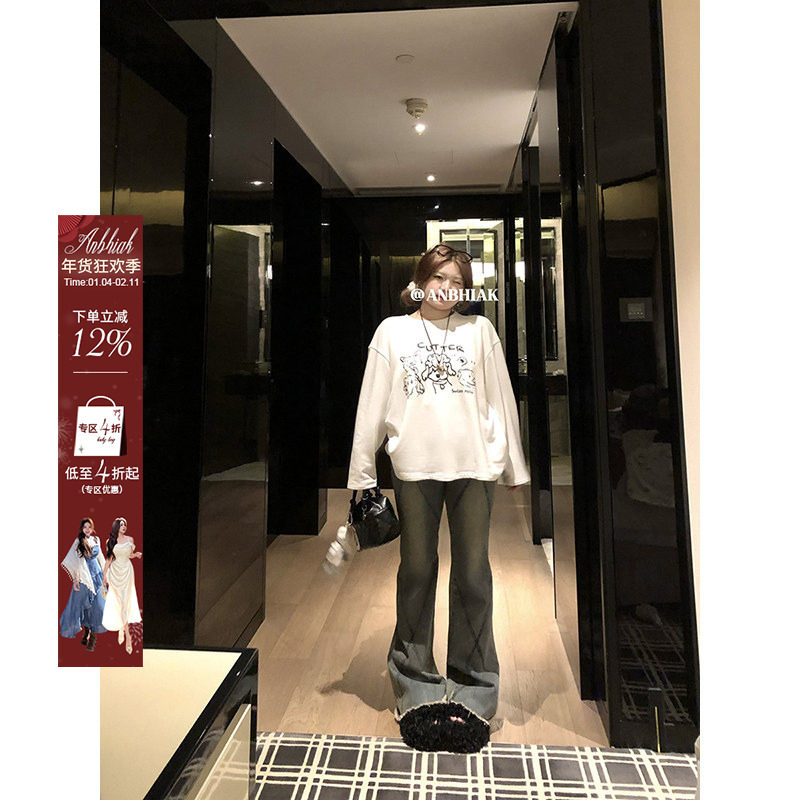 安妮不火 梨形天菜交叉印花微喇牛仔裤女微胖大码高弹毛边微喇裤,女装/女士精品,牛仔裤,淘宝优惠券,粉丝福利购,淘宝优惠卷