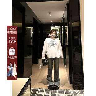 安妮不火 梨形天菜交叉印花微喇牛仔裤女微胖大码高弹毛边微喇裤