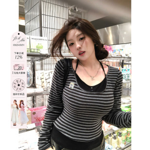 上衣 收腰显瘦长袖 安妮不火小猫章仔撞色条纹绑带针织衫 女微胖大码