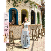 安妮不火汐沫蓝盐松紧腰破洞牛仔弯刀裤 女微胖没打浅色洗水牛仔裤