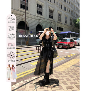 裙子 收腰短袖 安妮不火 小夜奈穗甜辣荷叶边雪纺连衣裙女微胖大码