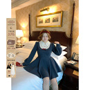 安妮不火 收腰千金风裙 假两件波点印花绑带呢子连衣裙女微胖大码