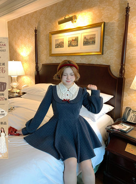 安妮不火 假两件波点印花绑带呢子连衣裙女微胖大码收腰千金风裙