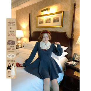 安妮不火 收腰千金风裙 假两件波点印花绑带呢子连衣裙女微胖大码