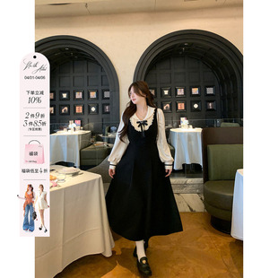 安妮不火 假两件收腰长裙 学院风缎面娃娃领呢料连衣裙女微胖大码