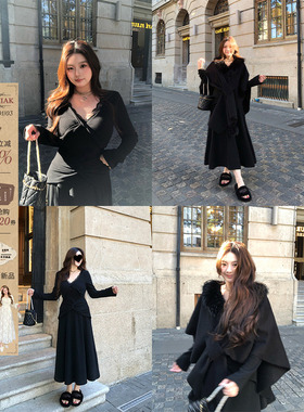 安妮不火 扭结设计双面磨毛坑纹针织裙女微胖大码收腰气质两件套