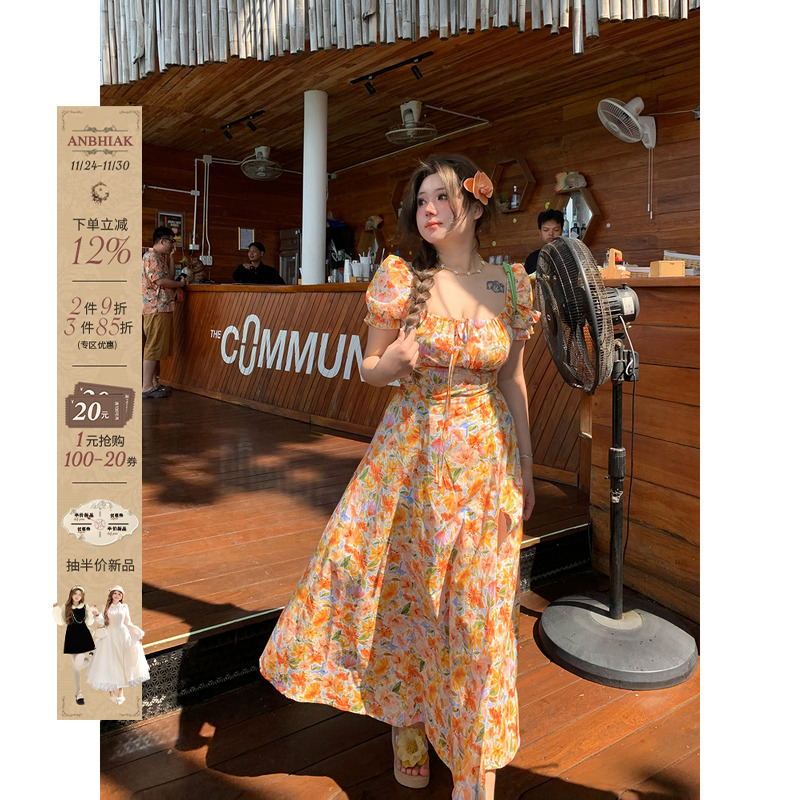 安妮不火海边度假纯棉碎花长裙女2025春夏新款微胖大码收腰连衣裙