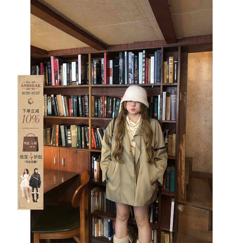 安妮不火气质廓形系带收腰立领风衣女微胖大码氛围感宽松显瘦外套