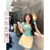 微胖大码 女夏新款 两件套 全垒打少女撞色T恤半裙针织套装 安妮不火