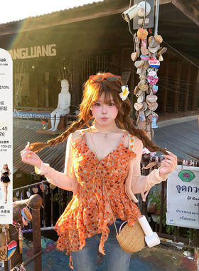 安妮不火 泡泡雪纺纱不规则荷叶边碎花吊带女微胖大码设计感小衫