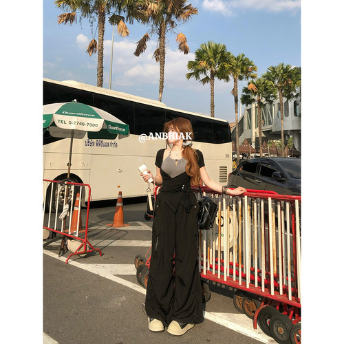 安妮不火  酷感不设限松弛感可调节伞兵裤女微胖大码宽松显瘦长裤