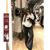 安妮不火 设计感牛仔裤 甜酷风豹纹印花宽松阔腿牛仔裤 女微胖大码