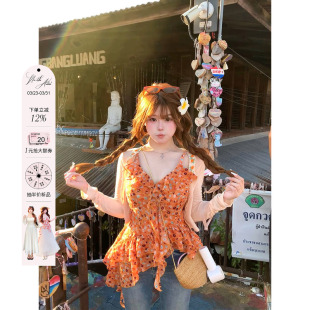 设计感小衫 安妮不火 泡泡雪纺纱不规则荷叶边碎花吊带女微胖大码