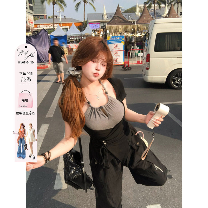 安妮不火 串珠绑带撞色假两件高弹针织T恤女微胖大码拼接收腰上衣