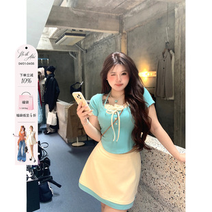 安妮不火 女夏新款 微胖大码 两件套 全垒打少女撞色T恤半裙针织套装