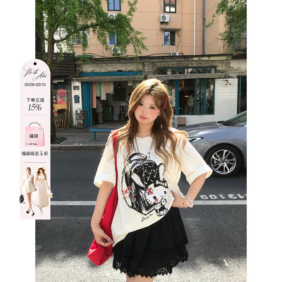 安妮不火 甜睫漫刊甜酷kitty印花针织T恤女微胖大码宽松短袖上衣
