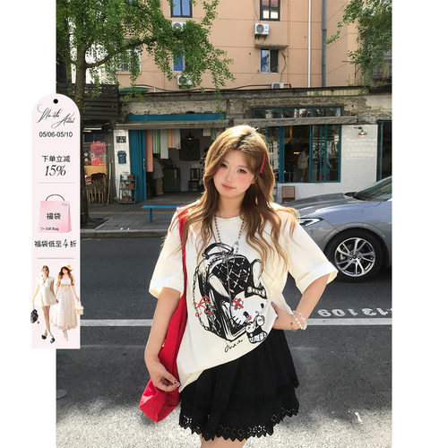 安妮不火 甜睫漫刊甜酷kitty印花针织T恤女微胖大码宽松短袖上衣
