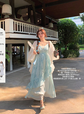 安妮不火纸舟渡松烟蕾丝花边扎染吊带裙女夏季新款微胖大码国风裙
