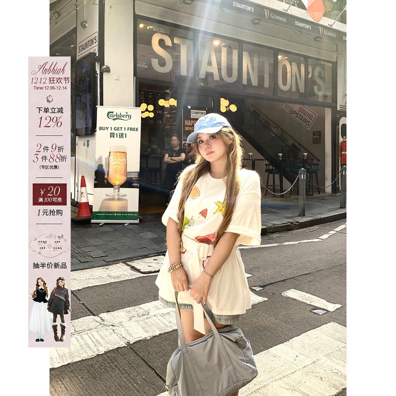 安妮不火 半夏生物语少女感水果印花T恤女夏新款微胖大码短袖上衣