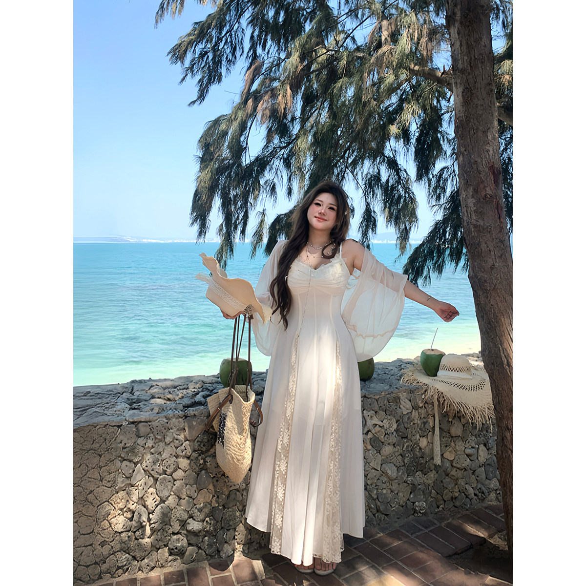 安妮不火 塞纳杏蝶笺 蝴蝶蕾丝雪纺仙女裙微胖大码收腰吊带裙套装图片
