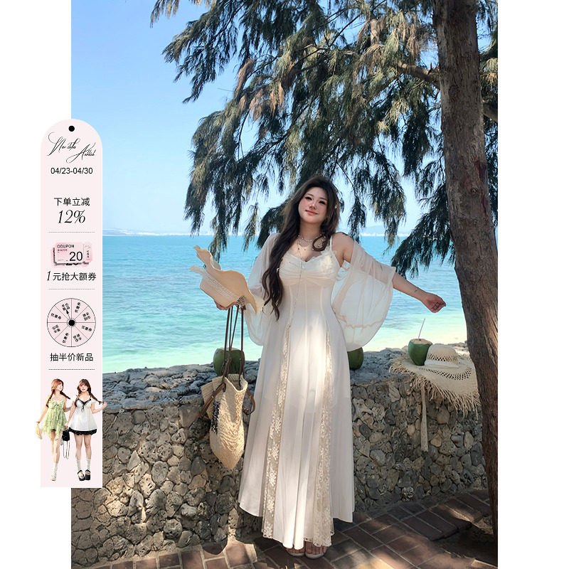 安妮不火 塞纳杏蝶笺 蝴蝶蕾丝雪纺仙女裙微胖大码收腰吊带裙套装