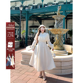 安妮不火 气质收腰蕾丝斗篷呢子连衣裙女微胖大码 毛呢千金大摆裙