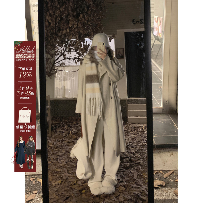 安妮不火 长款毛呢外套女显瘦2025秋冬新款微胖大码韩系呢子大衣