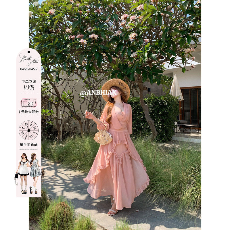 安妮不火秀场改良款超仙高捻雪纺连衣裙女微胖大码收腰大摆仙女裙