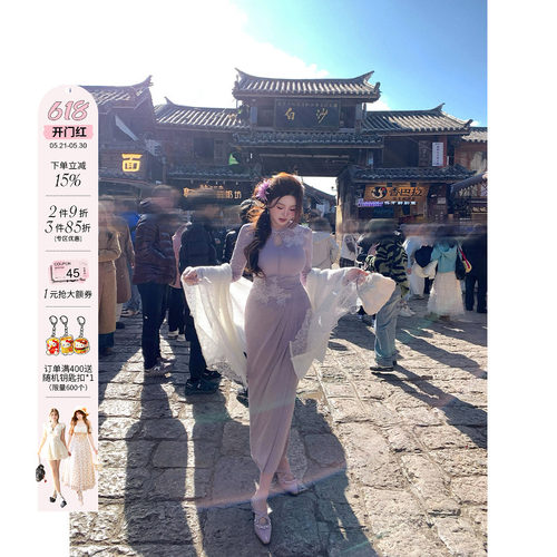 安妮不火  新中式蕾丝花拼接高弹针织连衣裙微胖大码国风收腰裙子