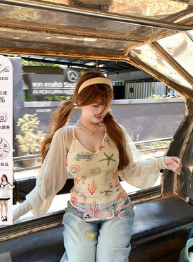 安妮不火 甜辣风海洋印花弹力网纱V领吊带女微胖大码度假上衣套装