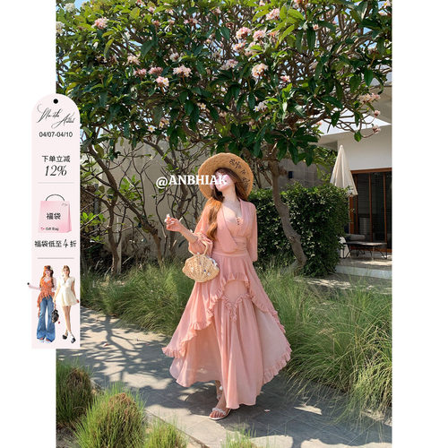 安妮不火秀场改良款超仙高捻雪纺连衣裙女微胖大码收腰大摆仙女裙