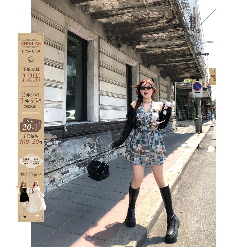 安妮不火千禧代码复古风印花挂脖网纱裙女夏季微胖大码收腰连衣裙