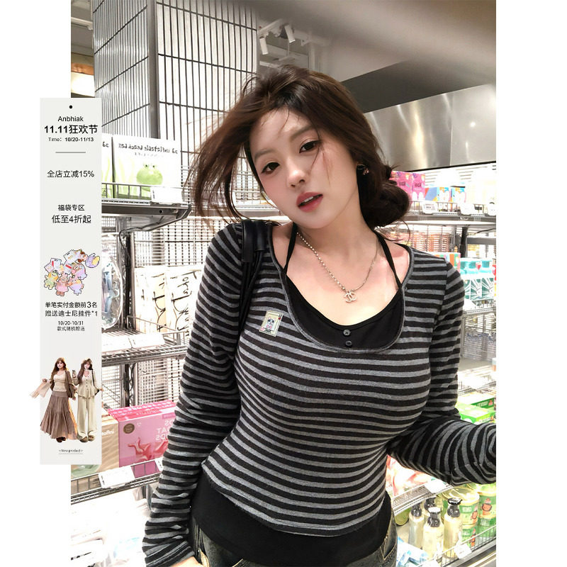 安妮不火小猫章仔撞色条纹绑带针织衫女微胖大码收腰显瘦长袖上衣