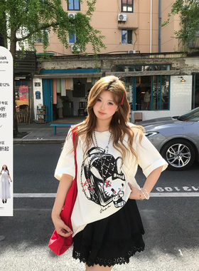 安妮不火 甜睫漫刊甜酷kitty印花针织T恤女微胖大码宽松短袖上衣