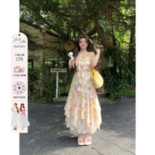 安妮不火度假风蕾丝拼接碎花裙女2025春夏新款 荷叶边长裙 微胖大码