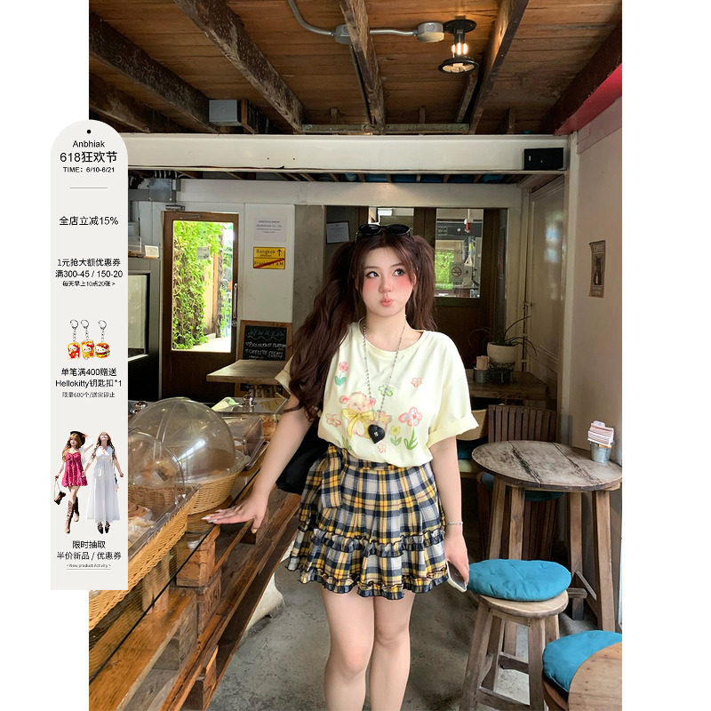 安妮不火奶昔格野木耳边绑带格纹半身裙女夏季微胖大码格子短裙子 - 实物图