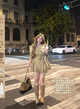 安妮不火秋叶风衣裙女秋冬微胖大码设计感大翻领双排扣系带花苞裙