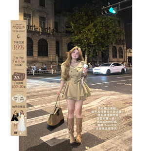 安妮不火秋叶风衣裙女秋冬微胖大码 设计感大翻领双排扣系带花苞裙