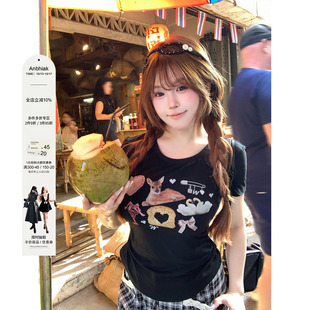 安妮不火 少女心ins风印花缩褶收腰针织T恤女微胖大码收腰小上衣
