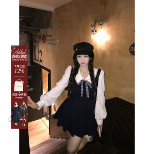 安妮不火 收腰公主短裙 学院风TR面料娃娃领百褶连衣裙女微胖大码