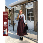 安妮不火 收腰裙子 长袖 格纹假两件连衣裙女2025秋冬新款 微胖大码