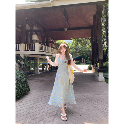 安妮不火 温柔系蕾丝花边雪纺碎花连衣裙女微胖大码收腰裙子套装