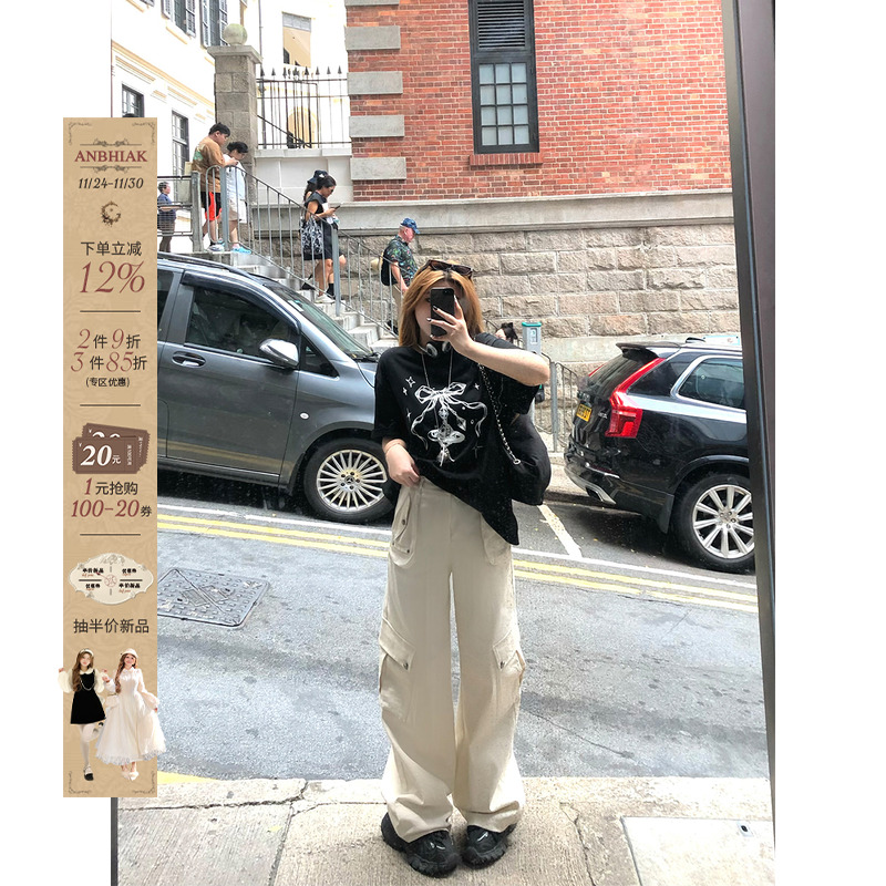 安妮不火 粗粝工装美式多口袋棉感工装裤女微胖大码高腰休闲长裤