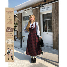 安妮不火 格纹假两件连衣裙女2024秋冬新款微胖大码长袖收腰裙子